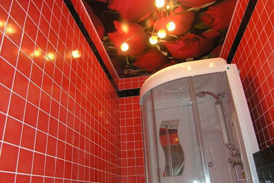 Натяжной потолок с фотопечатью в ванной комнате